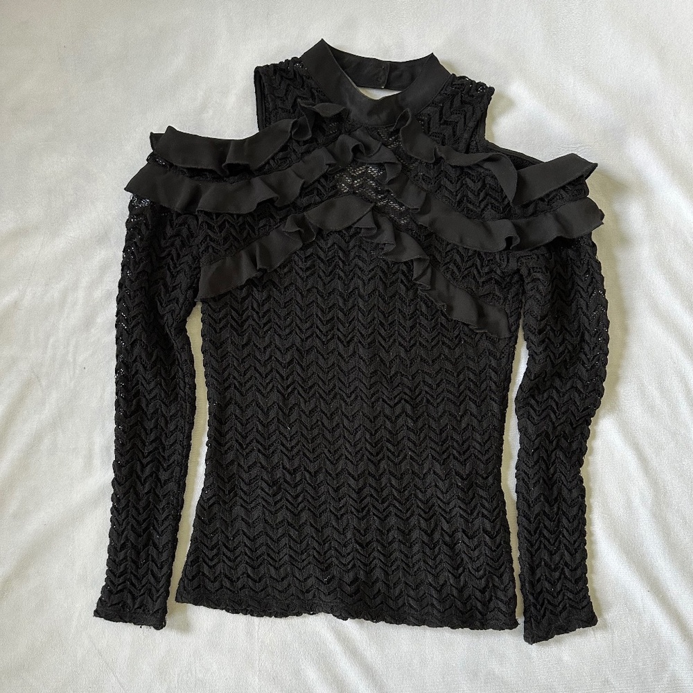 Aqua Black Lace Blouse With Ruffles